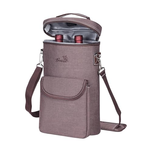 Tirrinia 2 Bottle Wine Gift Tote Carrier - Leakproof & Insulated with Large Pockets Wine Cooler Bag for Travel, Tasting, Party, Dinner, Valentine's Day Gift - color: Brown, size: 2 Bottle-with front pocket