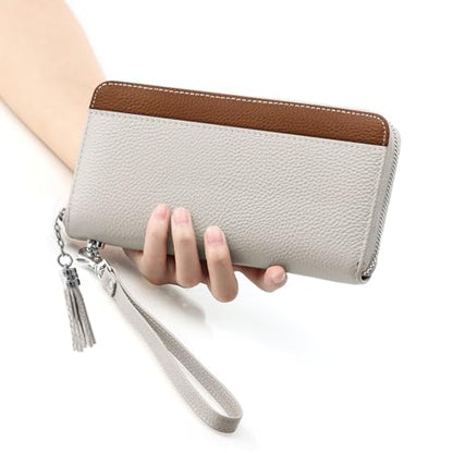 Moflycom Womens Wallet RFID Blocking Genuine Leather Zip Around Wallet Clutch Wristlet Travel Long Purse for Women - color: Z2 Brown1/Beige1
