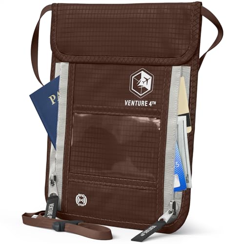 VENTURE 4TH Neck Wallet – RFID Blocking Passport Holder for Travel, Hidden Passport Wallet, Concealed Travel Wallet for Women, Men & Family (Brown) - color: Brown