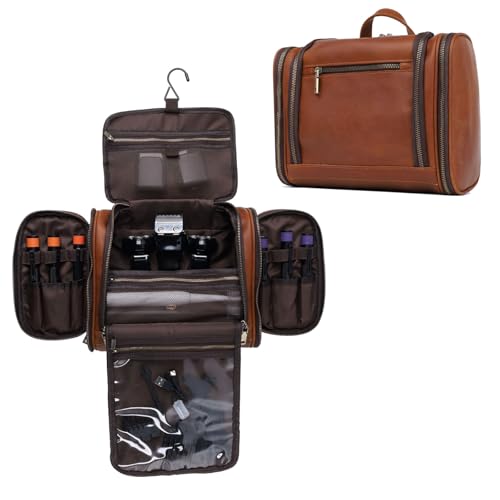 EURYNOME Leather Toiletry Bag For Men Women,Full Grain Leather Toiletries Organizer,Travel Hanging Toiletry Bag Large Water-resistant Bathroom Shaving Kit for Cosmetics, Makeup Case Travel Dopp Kit - color: Brown