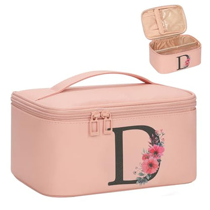 OCHEAL Initial Makeup Bag,Monogram Make up Bag Pink Travel Makeup Organizer Case Beauty Toiletry Cosmetic Bag with Brush Holder, Trendy Stuff Personalized Gifts for Women and Girls-D - color: Pink, style: D
