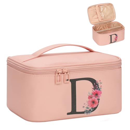 OCHEAL Initial Makeup Bag,Monogram Make up Bag Pink Travel Makeup Organizer Case Beauty Toiletry Cosmetic Bag with Brush Holder, Trendy Stuff Personalized Gifts for Women and Girls-D - color: Pink, style: D