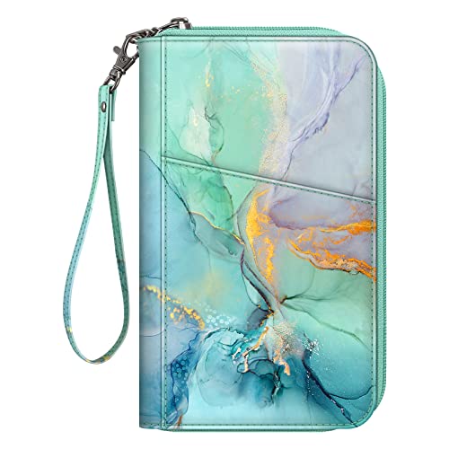Fintie Family Passport Holder Wallet, RFID Blocking Travel Document Organizer Clutch Bag Credit Cards Case Cover for Women Men - color: Emerald Marble