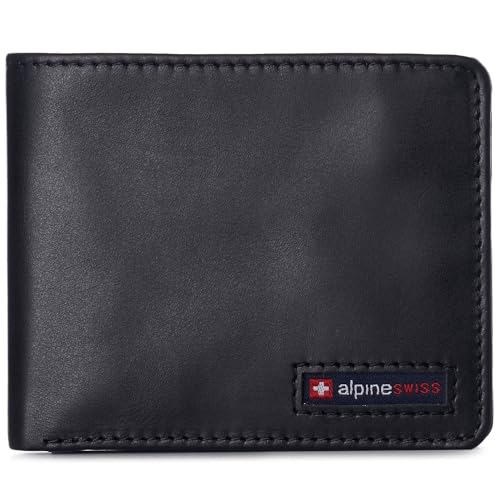 Alpine Swiss Mens Wallet for Men | RFID Protected Leather Mens Wallet | Spencer Bifold with Divided Bill Section | Gift Box | 2 ID Windows | 14 Card & Storage Pockets for Organization - color: Glossy Nappa Black