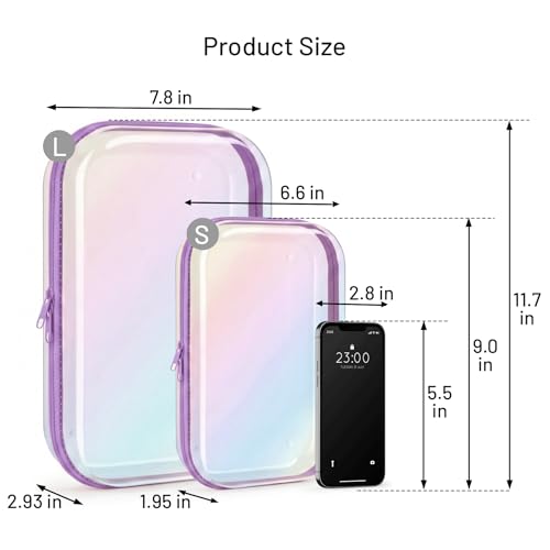 Clear Hard Shell Zipper Case, 2 Pack TSA-Approved Travel Toiletry Bag, Waterproof Cosmetic Bag, CLear Diaper Bag, Hair Tool Organizer, Toy Storage Bin,Travel Essential - color: Purple