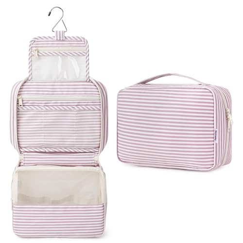 Narwey Small Hanging Travel Toiletry Bag for Women, Travel Bag for Toiletries, Makeup Bag Organizer Cosmetic Bags Make Up Bags for Girls - color: ZB-Dusty Pink Stripe