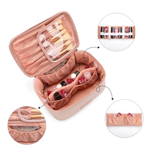 Montana West X Wrangler Travel Makeup Bag 2pcs Set Large Cosmetic Bag with Makeup Brush Holder Portable Make Up Organizer Cute Toiletry Bag with Divider and Handle for Women - color: Light Pink