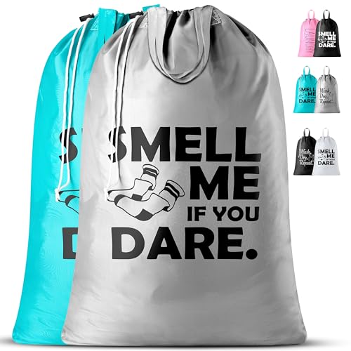 Extra Large Travel Laundry Bag - 2-Pack Fun Print Design Bags for Dirty Clothes - Durable Water-Resistant Fabric - Sturdy Drawstring Closure (Teal-Grey | Smell Me If You Dare) - color: Teal-grey | Smell Me