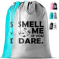 Extra Large Travel Laundry Bag - 2-Pack Fun Print Design Bags for Dirty Clothes - Durable Water-Resistant Fabric - Sturdy Drawstring Closure (Teal-Grey | Smell Me If You Dare) - color: Teal-grey | Smell Me