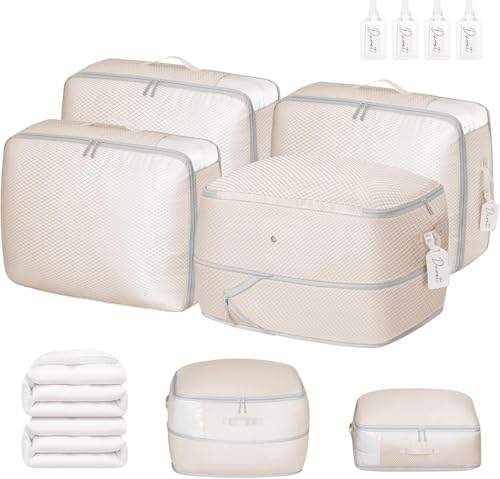 DIMJ Comforter Storage Bag 4 Pack - Blanket Storage Organizer Compression Bags, Large Capacity Ultra Space Saving Self Compression Organize for Bedding, Pillow, Duvet, Sheet Storage with Zipper Window - color: Beige, size: 66L x 4 Pack
