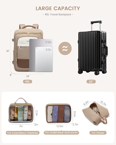 LOVEVOOK 40L Travel Backpack for Women, TSA Approved Carry On Backpack with 3 Packing Cubes, Personal Item Bag Fits 17" Laptop, Water-resistant Carry On Bag for Airplanes - color: Beige & Khaki, size: 40L-4PCS