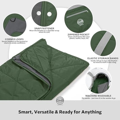 STOVER Large Waterproof Outdoor Stadium Blanket- Extra Thick Soft Fleece Camping Blanket for Travel, Picnics, Sports, Dogs 79"x55", Warm, Windproof, Sand-Proof, Lightweight, Packable (Game Day Green) - color: 01 - Game Day Green