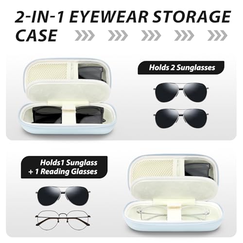 Double Glasses Case for Women Men, Dual Eyeglass Travel Organizer with Wristband - color: Blue
