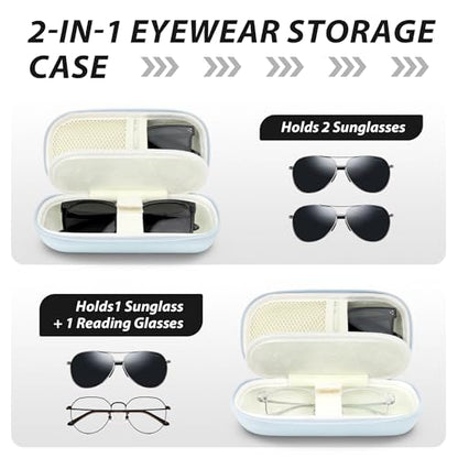 Double Glasses Case for Women Men, Dual Eyeglass Travel Organizer with Wristband - color: Blue