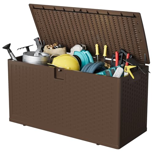 Garvee Outdoor Storage Box, 73 gal Large Waterproof Resin Deck Box Indoor Outdoor Use, Lockable UV Resistant Storage Bin for Patio, Garden, Cushions, Tools, Equipment, Brown - color: Brown, size: 73 Gal