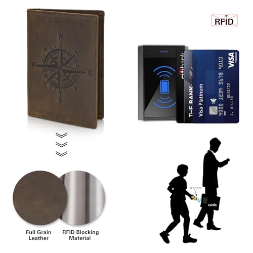 Polare Slim RFID Blocking Leather Passport Holder Travel Bifold Wallet For Men(Dark Brown Compass) - color: Dark Brown Compass