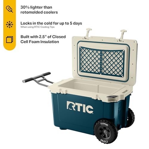 RTIC 52 Quart Ultra-Light Wheeled Hard Cooler Insulated Portable Ice Chest Box for Beach, Drink, Beverage, Camping, Picnic, Fishing, Boat, Barbecue, 30% Lighter Than Rotomolded Coolers - color: Marine/Canvas