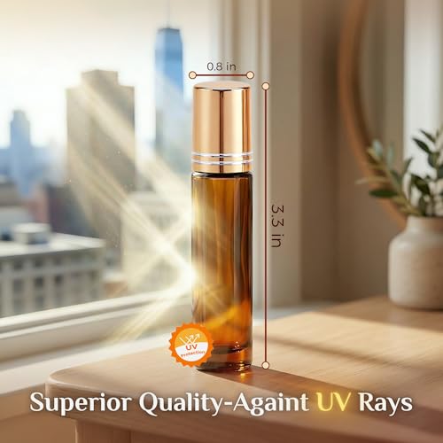 PrettyCare 24 Pack, 10 ml Essential Oil Roller Bottles with Stainless Steel Roller Ball - Refillable Leak-proof Empty Thick Amber Glass Roll on Bottles with Metal Caps for Travel, Perfume - color: Amber with Golden Cap, size: 24 Pack