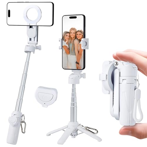 Magnetic Tripod for Phone,2 in 1 for Magsafe Stand＆ Clip Portable Pocket Size Selfie Stick for Android/iPhone,Phone Holder with Wireless Rechargeable Remote Control for Photography, Live Streaming - color: Light