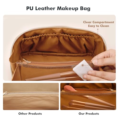 Prite Makeup Bag for Women Travel Waterproof Vegan Leather Cosmetic Bag Open Flat Toiletry Bag With Clear Divider and Handle (New Brown, Large) - color: New Brown, size: Large