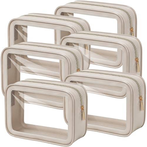 Hsei 6 Pcs Clear Makeup Bags TSA Approved Travel Toiletry Bags with Zipper Clear Cosmetic Organizer Set Diaper Bag Organizer Car Storage Pouch Gift for Women Mothers Day (Khaki) - color: Khaki