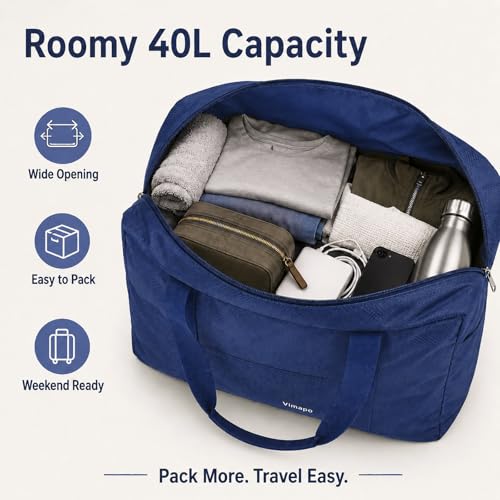 Foldable Travel Duffle Bag with Trolley Sleeve 40L Capacity, Lightweight Packable Travel Duffel Bags with the Keyhole Zipper, Weekender Overnight Nylon Carry on Bag for Men & Women, Blue - color: Blue