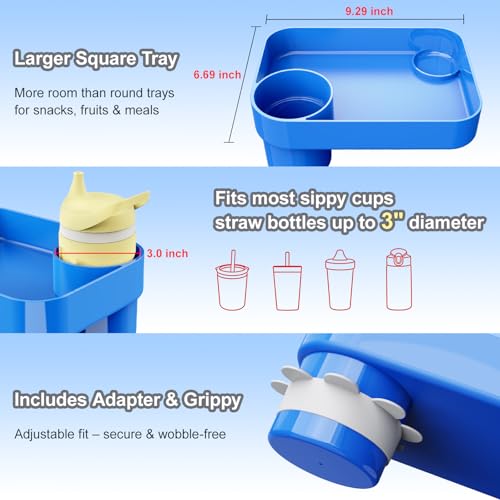 Car Seat Snack Tray for Toddlers - 3 Inch Cup Holder Fits Most Sippy Cups & Straw Bottles with Dip Well, Mess-Free Square Kids Travel Tray Road Trip Essentials, Blue - color: Blue