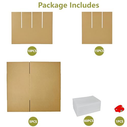 5 Sets Moving Boxes with Divider Kits,16 x 12 x 13 Inch Glassware Dish Packing Box Kitchen Moving Box Corrugate Dividers with 60 Pcs Foam Pouches,2 Pcs tape rolls with dispenser - style: 5 Sets-one layer-16x12x13in