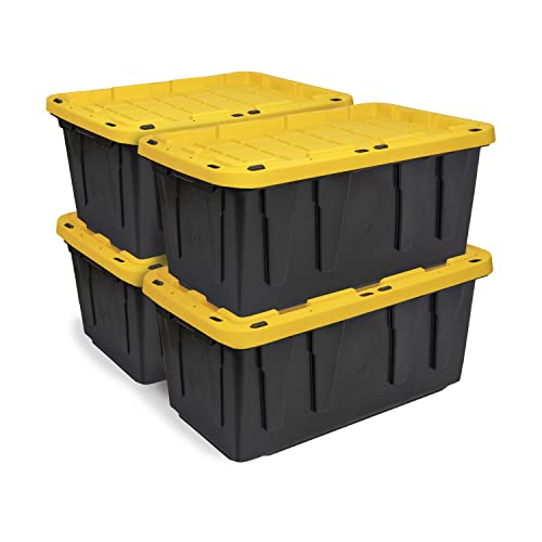 BLACK & YELLOW 17-Gallon Heavy Duty Storage Bins with Lids, Stackable Plastic Storage Bins, Dorm Room Essentials, Moving Boxes, Back to School, Classroom Organization, Home Organization, 4 Pack (12.5H x 18W x 26.9D) - size: 17 Gallons