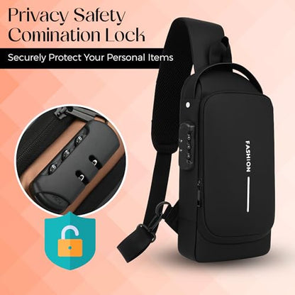 Unisex Anti-Theft Sling Bag with USB Port, Water-Resistant Crossbody Chest Backpack for Travel & Work - color: Black