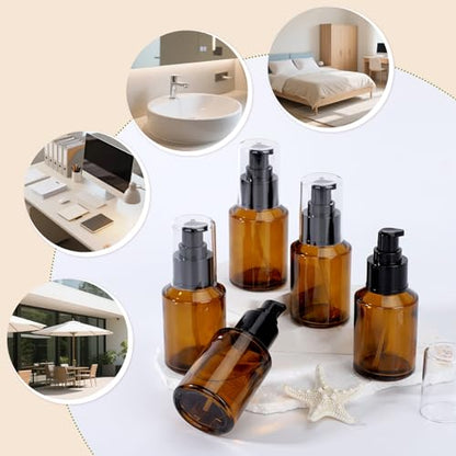 Segbeauty 2oz Refillable Glass Travel Size Empty Bottles, 5pcs Amber Lotion Pump Bottles Empty, 60ml Mini Travel Lotion Container, Small Cosmetic Container Bottle Pump Dispener for Creams Oils Liquids - color: Amber, style: 5pcs 2oz