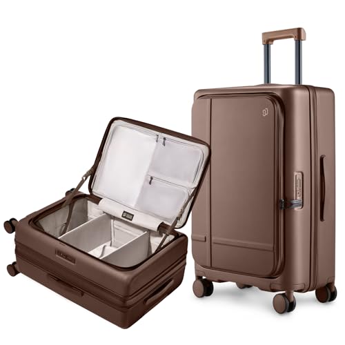 NINETYGO Medium Checked Luggage 25 Inch, Flat Top Opening Check In Luggage with Cup Holder, Expandable, Coffee-Infused PC Hard Shell, Eco-Friendly, TSA Lock, 360° Spinner Wheels (Latte) - color: 02-Caramel Latte, size: Checked 25-Inch (Top Opening, 72L)