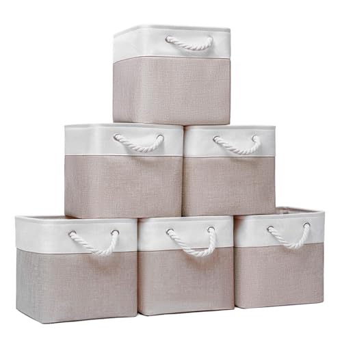 Fabric Storage Cubes 13 x 13, Collapsible Storage Bins for Shelf Baskets, Cube Storage Organizer White Beige Bins with Cotton Handles,Foldable Storage Bin box,Cube Storage Bin 6 Pack - color: white beige