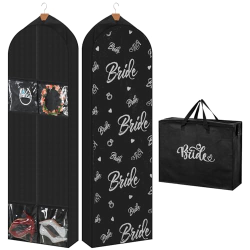2 Packs 70" Wedding Dress Garment Bag with 8" Wedding Garment Gusseted Tote Bag for Storage and Travel Prom - color: Black, size: 70" X 8"