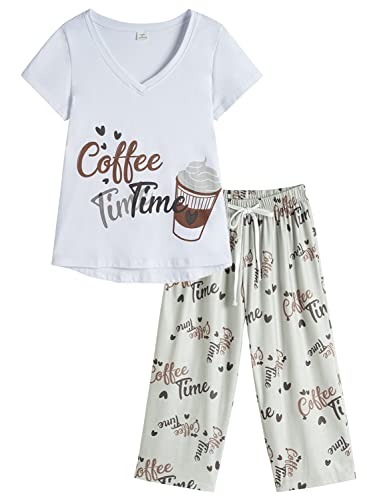 YIJIU Women Soft Comfy Pajamas Cute Cat Short Sleeve Capri Pants PJS Set - color: White, size: Medium