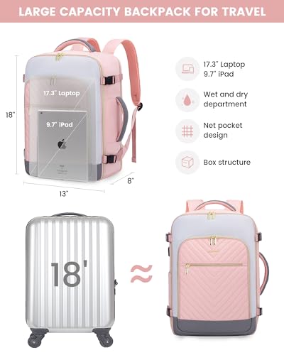 LOVEVOOK Large Travel Backpack for Women, TSA Carry on Backpack for Airplanes, 40L Personal Item Travel Bag for Women fits 17" Laptop,Waterproof Carry on Bag Airplane Approved with 3 Packing Cubes - color: Pink - Pale Grey - Dark Grey, size: 40L-4Pcs