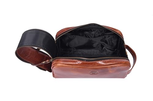 Leather Toiletry Bag for Men | Grooming Travel Kit | With Waterproof Lining | By Aaron Leather Goods - color: Jade Brown