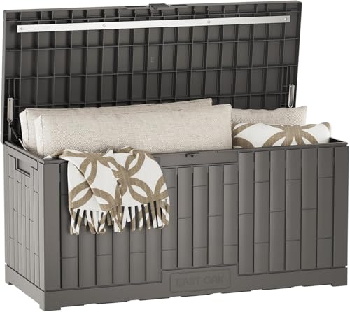 EAST OAK 120 Gallon Outdoor Storage Box | Large Resin Deck Box with Reinforced Stainless Steel Support | Waterproof & UV-Resistant Patio Storage Box for Cushions, Garden Tools & Pool Accessories, Grey - color: Grey, size: 120 Gallon