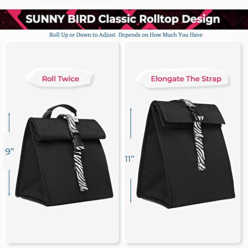 SUNNY BIRD Insulated Lunch Bag Rolltop Lunch Box Tote Bag for Women, Men, Adults and Teens (Black with white strap) - color: Black With White Strap