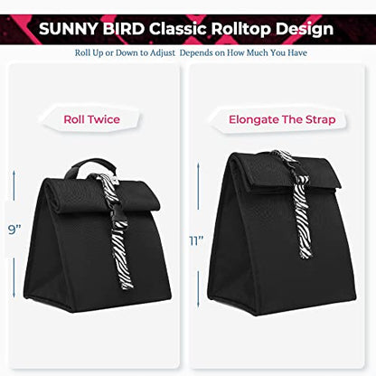 SUNNY BIRD Insulated Lunch Bag Rolltop Lunch Box Tote Bag for Women, Men, Adults and Teens (Black with white strap) - color: Black With White Strap