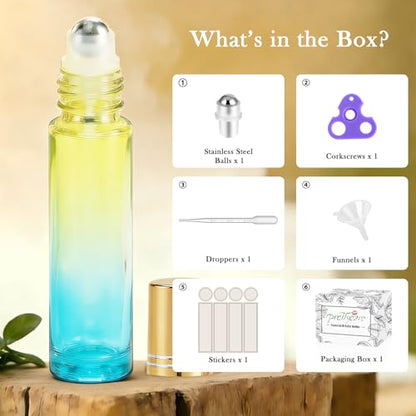 PrettyCare 4 Pack, 10 ml Essential Oil Roller Bottles with Stainless Steel Roller Ball - Refillable Leak-proof Empty Thick Blue& Yellow Glass Roll on Bottles with Golden Caps for Travel, Perfume - color: Gradient Blue-Green, size: 4 Pack