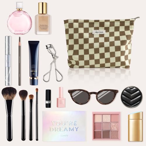 Wudygirl Checkered Makeup Bag Large Capacity Makeup Pouch Travel Cosmetic Pouch for Women Canvas Toiletry Bag Zipper Handbag Aesthetic (Khaki Checkered) - color: Khaki Checkered