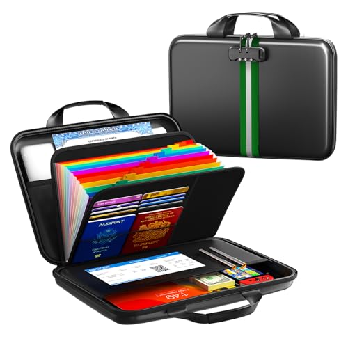 Fireproof Document Organizer with Lock, Rigid EVA File Box with 13-Pocket Accordion Folder for Important Documents & Tablets under 11", Lightweight Safe Storage for Home, Office & Travel (Small Size) - color: B-Forest green