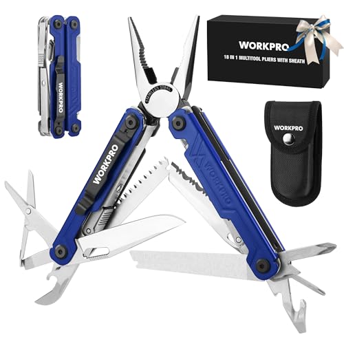 WORKPRO Multitool with Pocket Knife, Birthday Gift for Men Dad Father Husband,18-in-1 Stainless Steel Pliers, EDC Multi Tool with Belt Clip, 2 Safety Locks, and Oxford Pouch, Utility Tool for Camping - color: Blue, size: 18-in-1