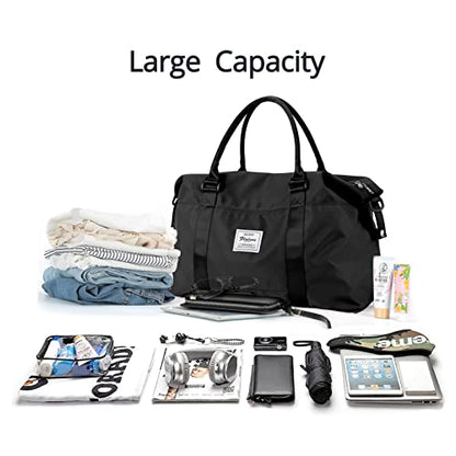 Travel Gym Bag for Women, LANBX Tote Bag Carry on Luggage Sport Duffle Weekender Overnight Bags with Wet Pocket (Black) - color: Black