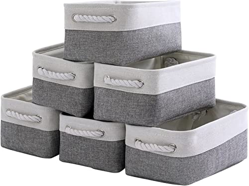 Fabric Storage Bins 12x8x5 inch [6-Pack] with Rope Handles - Decorative Baskets for Organizing - color: White&Grey, size: Small (Pack of 6)