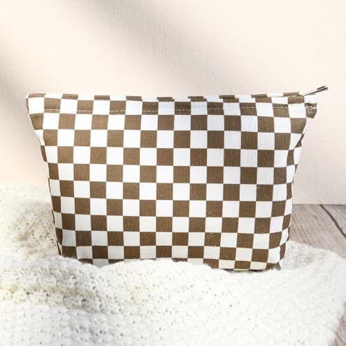 SOIDRAM 2 Pcs Checkered Makeup Bag Large Cosmetic Bag Toiletry Bag Makeup Pouch Travel Bag Organizer Cute Makeup Brushes Aesthetic Accessories Storage Bag for Women Coffee Brown - color: Coffee Brown