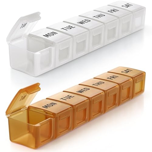 BUG HULL Weekly Pill Organizer Large 2 Packs, Extra Large Travel Pill Organizers, Pill Box 7 Day, Travel Pill Case, Medicine Pill Organizer for Vitamins, Supplements and Medications (Brown+White) - color: Brown + White