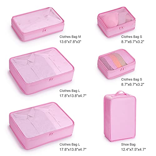 Mossio 6 Set Packing Cubes with Shoe Bag - Lightweight Travel Luggage Suitcase Organizers - color: Pink