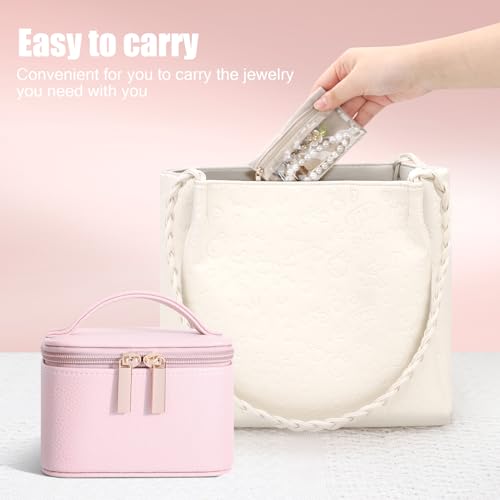 DesignSter Small Jewelry Box, Travel Small Jewelry Organizer with Earring Tray and Ring Holder,Square Travel Jewelry Storage Case with 6 Velvet Jewelry Pouches, Pink - color: Pink